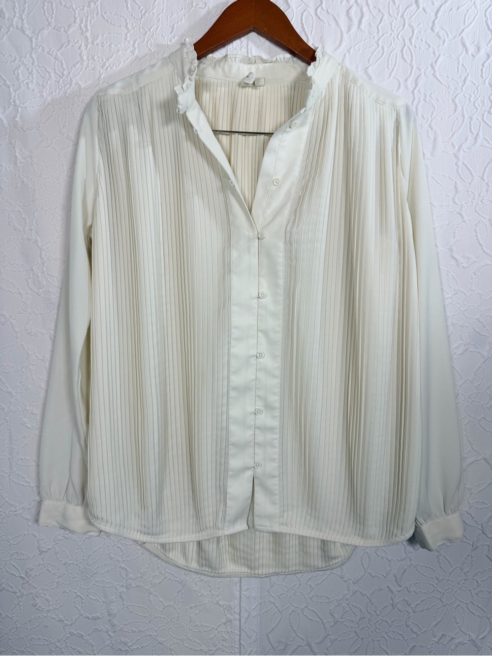 Treasure & Bond Cream Pleated Button Oversized Ruffle Collar Blouse Sz XS